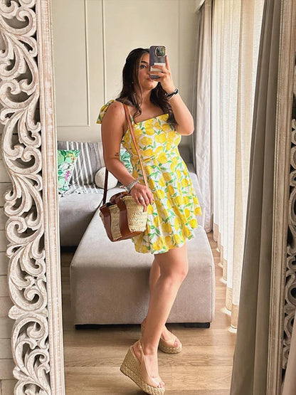 Summer Dresses- Bright Summer Lemon Print Dress for Beach Days and Picnics- - Pekosa Women Fashion