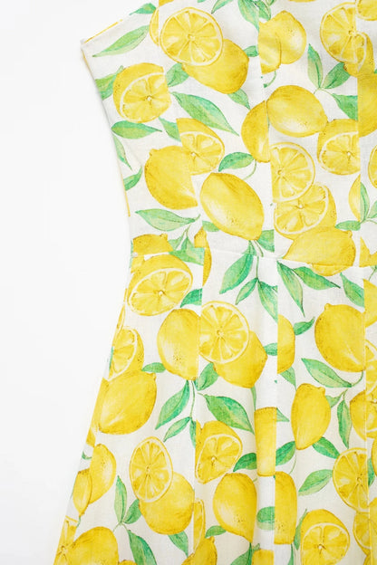 Summer Dresses- Bright Summer Lemon Print Dress for Beach Days and Picnics- - Pekosa Women Fashion