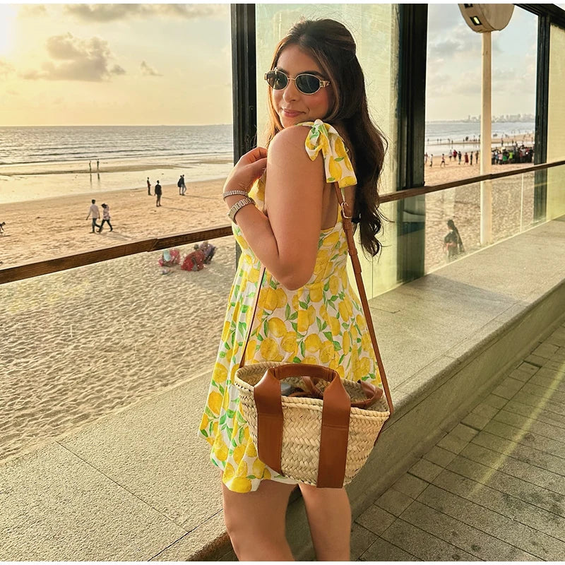 Summer Dresses- Bright Summer Lemon Print Dress for Beach Days and Picnics- - Pekosa Women Fashion