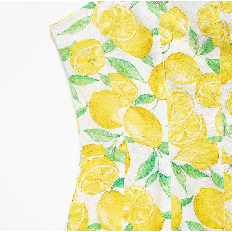 Summer Dresses- Bright Summer Lemon Print Dress for Beach Days and Picnics- - Pekosa Women Fashion