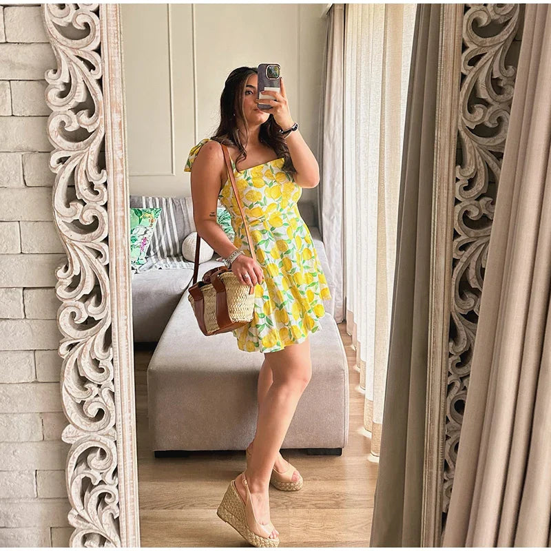 Summer Dresses- Bright Summer Lemon Print Dress for Beach Days and Picnics- - Pekosa Women Fashion