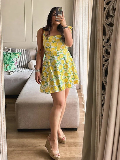 Summer Dresses- Bright Summer Lemon Print Dress for Beach Days and Picnics- - Pekosa Women Fashion