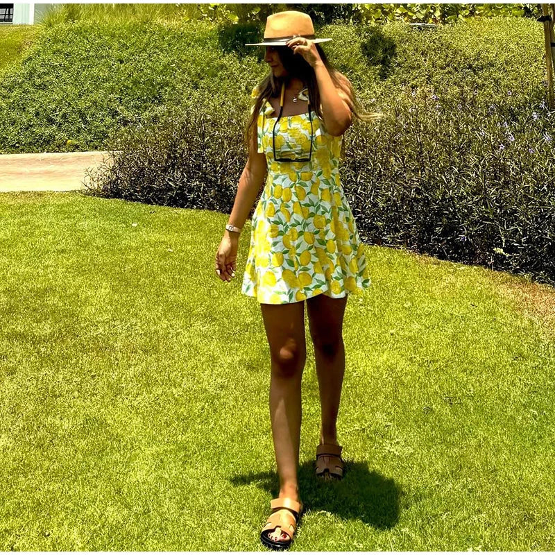 Summer Dresses- Bright Summer Lemon Print Dress for Beach Days and Picnics- - Pekosa Women Fashion