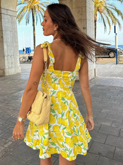 Summer Dresses- Bright Summer Lemon Print Dress for Beach Days and Picnics- - Pekosa Women Fashion