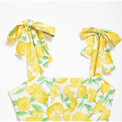 Summer Dresses- Bright Summer Lemon Print Dress for Beach Days and Picnics- - Pekosa Women Fashion