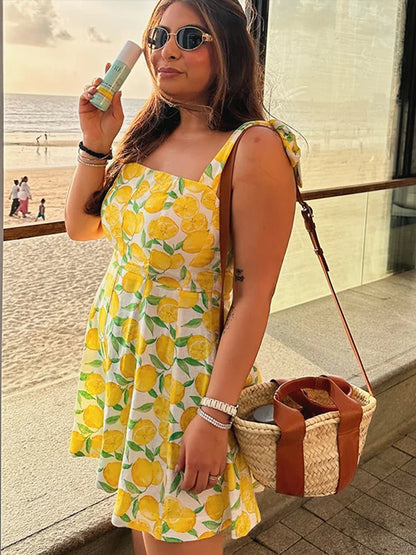 Summer Dresses- Bright Summer Lemon Print Dress for Beach Days and Picnics- - Pekosa Women Fashion