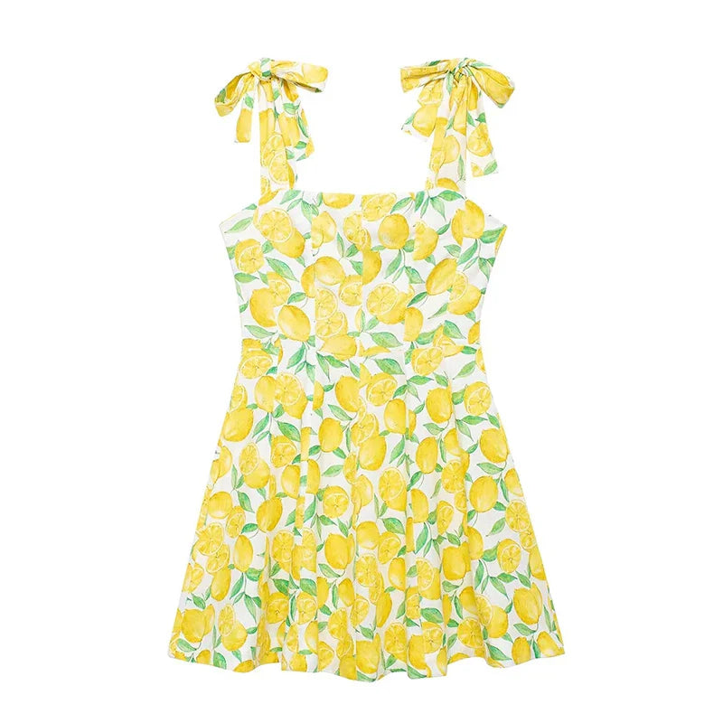 Summer Dresses- Bright Summer Lemon Print Dress for Beach Days and Picnics- - Pekosa Women Fashion