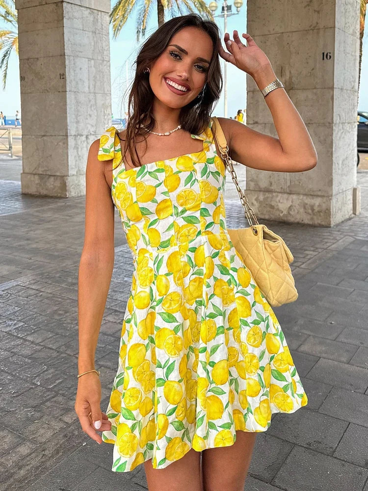 Summer Dresses- Bright Summer Lemon Print Dress for Beach Days and Picnics- Yellow- Pekosa Women Fashion