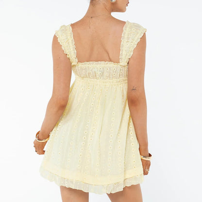 Summer Dresses- Vintage Eyelet Mini Dress with Cottagecore Accents- - Pekosa Women Fashion