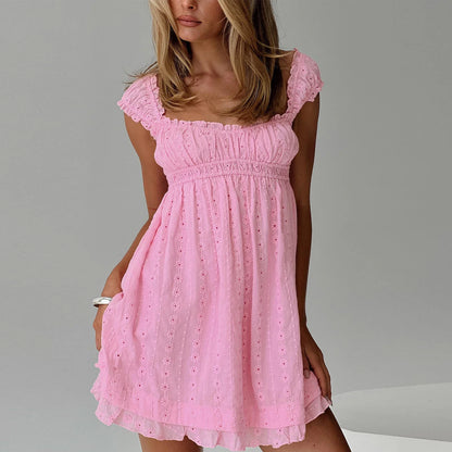 Summer Dresses- Vintage Eyelet Mini Dress with Cottagecore Accents- Pink- Pekosa Women Fashion