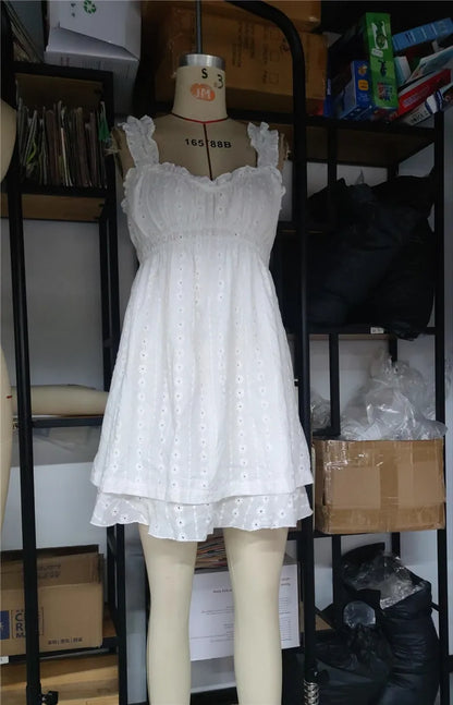 Summer Dresses- Vintage Eyelet Mini Dress with Cottagecore Accents- - Pekosa Women Fashion