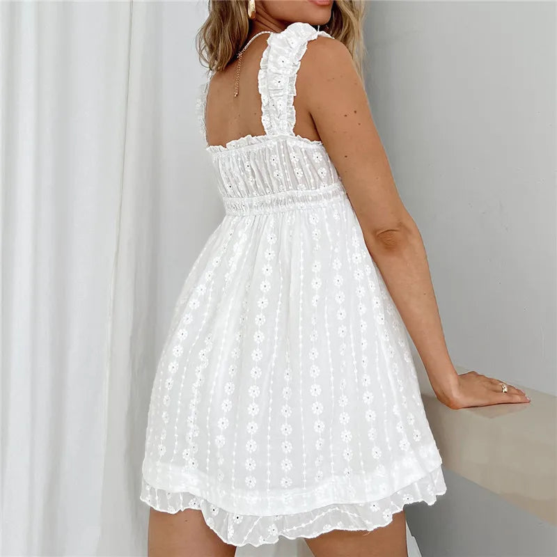 Summer Dresses- Vintage Eyelet Mini Dress with Cottagecore Accents- - Pekosa Women Fashion