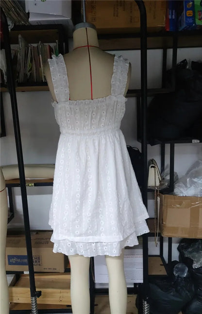 Summer Dresses- Vintage Eyelet Mini Dress with Cottagecore Accents- - Pekosa Women Fashion