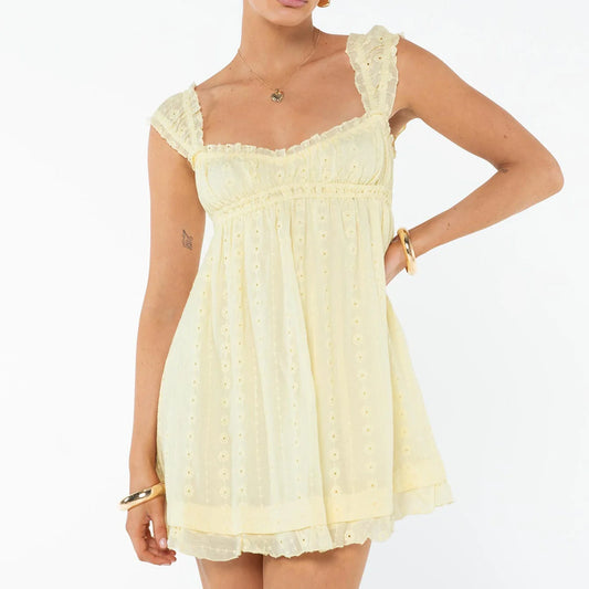 Summer Dresses- Vintage Eyelet Mini Dress with Cottagecore Accents- Yellow- Pekosa Women Fashion