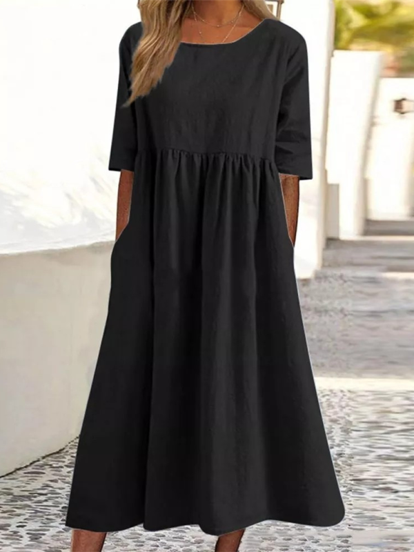 Essential Solid Cotton Tunic Midi Dress with Half Sleeves