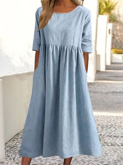 Essential Solid Cotton Tunic Midi Dress with Half Sleeves