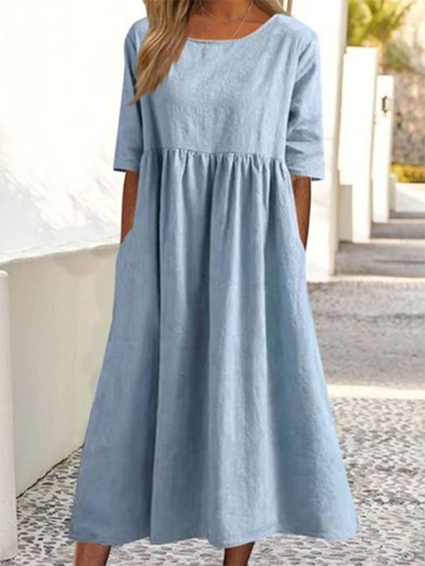 Essential Solid Cotton Tunic Midi Dress with Half Sleeves