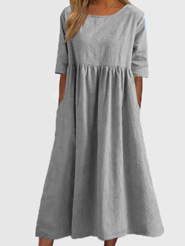 Essential Solid Cotton Tunic Midi Dress with Half Sleeves