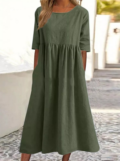 Essential Solid Cotton Tunic Midi Dress with Half Sleeves