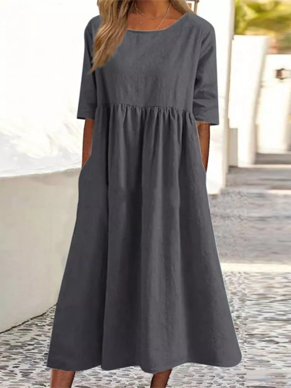 Essential Solid Cotton Tunic Midi Dress with Half Sleeves