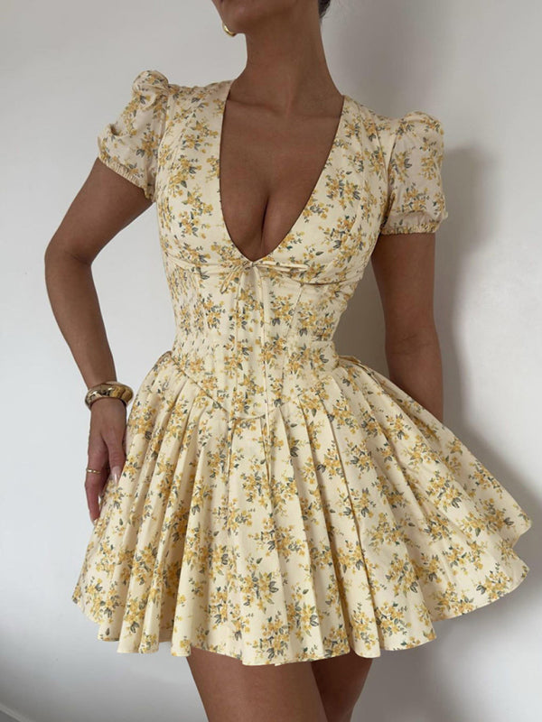 Summer Dresses- Floral V-Neck Fit & Flare Dress Perfect for Casual Gatherings- Yellow- Pekosa Women Fashion