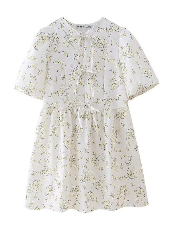 Summer Dresses- Garden Women's Floral Tie-Up Summer Dress with Puff Sleeves- - Pekosa Women Fashion