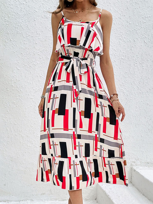 Summer Dresses- Geometric Stripe Midi Dress – Your Go-To for Spring and Summer- White- Pekosa Women Fashion