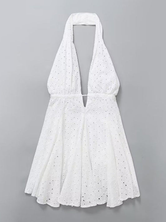 Summer Dresses- Halter A-Line Eyelet Backless Dress for Women in Romantic Cotton Fabric- White- Pekosa Women Fashion