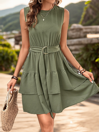 Summer Dresses- Layered Military Green A-Line Summer Dress with Cinched Waist- - Pekosa Women Fashion