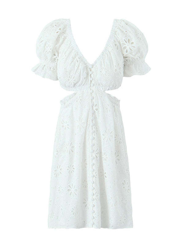 Summer Dresses- Romantic Button-Up Embroidered Off Shoulder Summer Dress in Cotton- - Pekosa Women Fashion