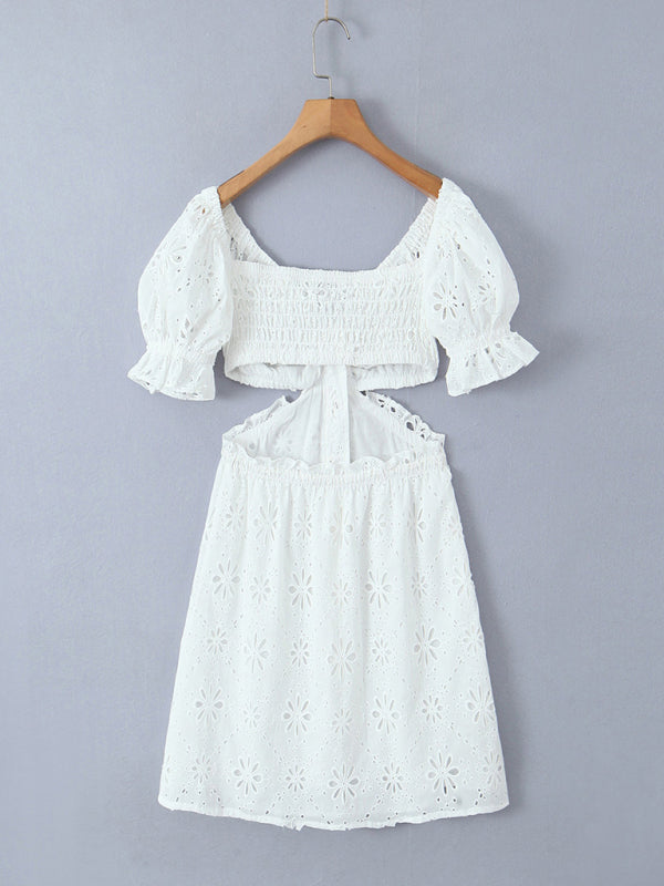 Summer Dresses- Romantic Button-Up Embroidered Off Shoulder Summer Dress in Cotton- - Pekosa Women Fashion