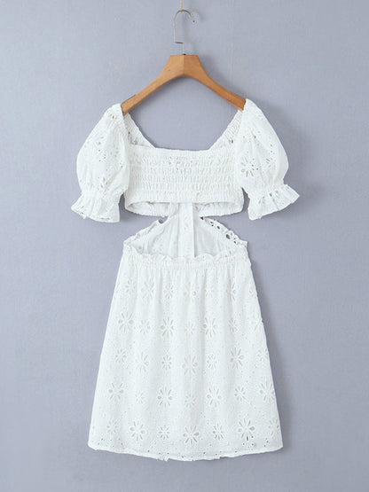 Summer Dresses- Romantic Button-Up Embroidered Off Shoulder Summer Dress in Cotton- - Pekosa Women Fashion