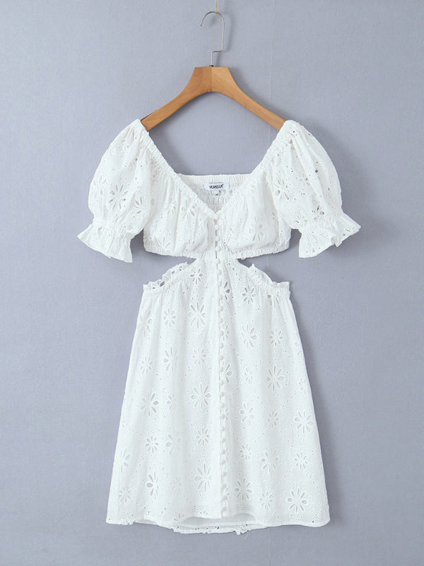 Summer Dresses- Romantic Button-Up Embroidered Off Shoulder Summer Dress in Cotton- - Pekosa Women Fashion