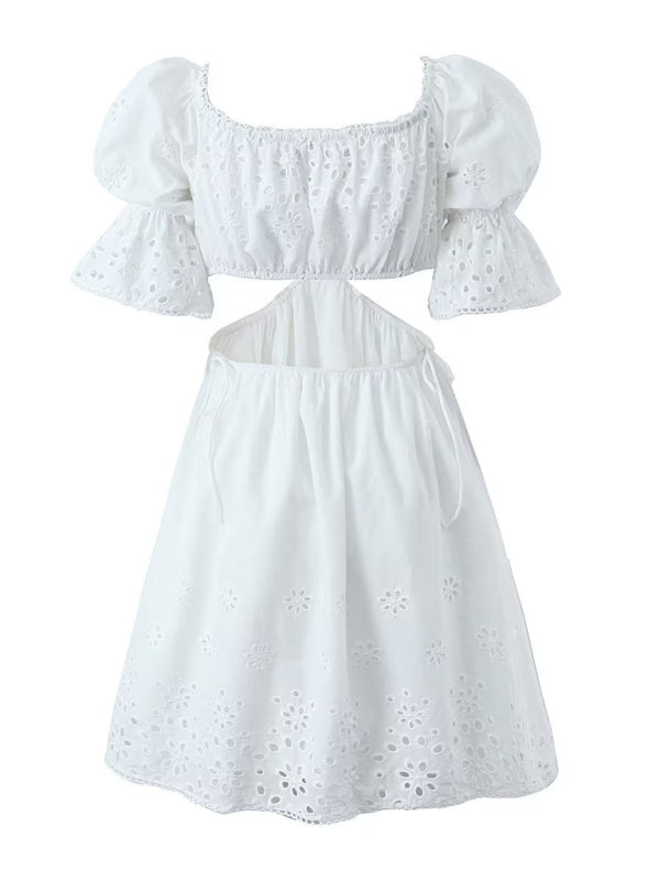 Summer Dresses- Romantic Embroidered Cutout Summer Dress in Cotton- - Pekosa Women Fashion