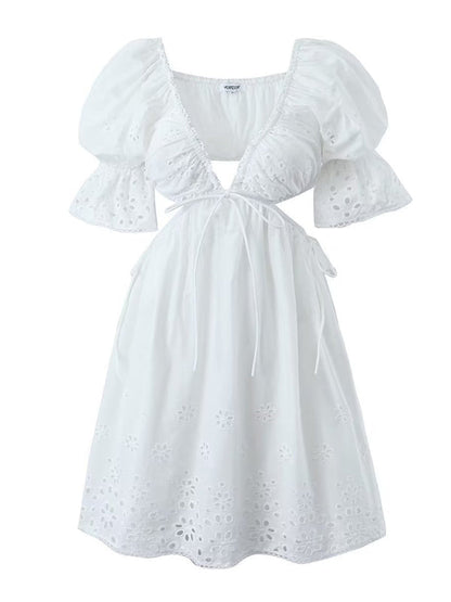 Summer Dresses- Romantic Embroidered Cutout Summer Dress in Cotton- - Pekosa Women Fashion