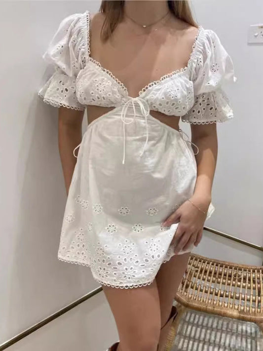 Summer Dresses- Romantic Embroidered Cutout Summer Dress in Cotton- White- Pekosa Women Fashion