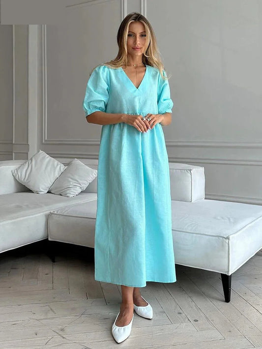 Summer Dresses- Summer Breeze Cotton Midi Dress- Blue- Chuzko Women Clothing