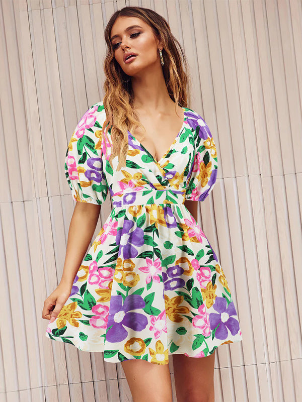 Summer Romance Women's Floral A-Line Mini Dress with Puff Sleeves