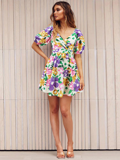 Summer Romance Women's Floral A-Line Mini Dress with Puff Sleeves