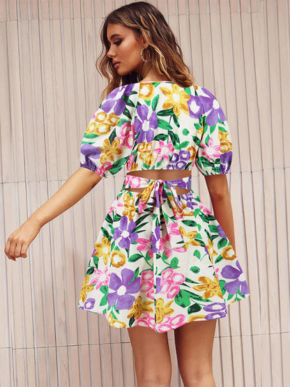 Summer Romance Mini robe trapèze florale avec manches bouffantes pour femme 