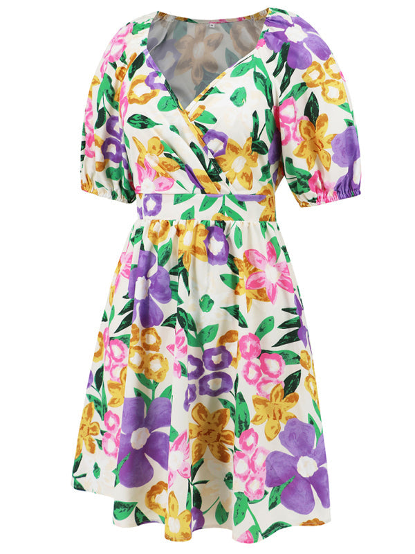 Summer Romance Mini robe trapèze florale avec manches bouffantes pour femme 