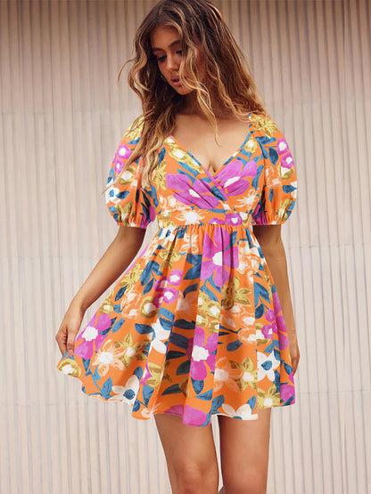 Summer Romance Mini robe trapèze florale avec manches bouffantes pour femme 