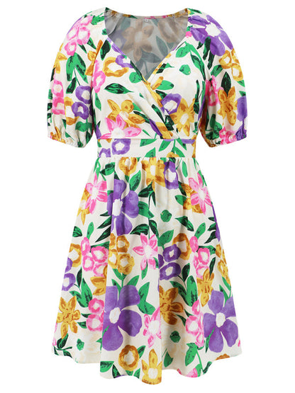 Summer Romance Mini robe trapèze florale avec manches bouffantes pour femme 