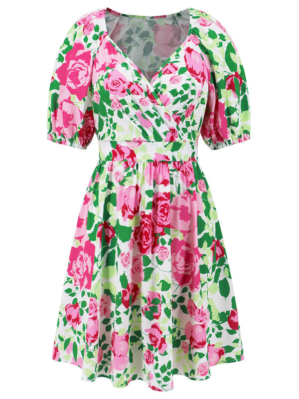 Summer Romance Women's Floral A-Line Mini Dress with Puff Sleeves