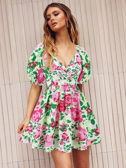 Summer Romance Mini robe trapèze florale avec manches bouffantes pour femme 