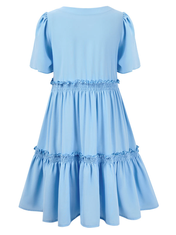 Summer Dresses- Summer Solid V-Neck Dress with Short Sleeves & Tiered Ruffle Detail- - Chuzko Women Clothing