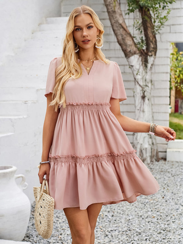 Summer Dresses- Summer Solid V-Neck Dress with Short Sleeves & Tiered Ruffle Detail- - Chuzko Women Clothing