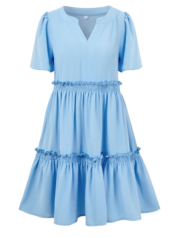 Summer Dresses- Summer Solid V-Neck Dress with Short Sleeves & Tiered Ruffle Detail- - Chuzko Women Clothing