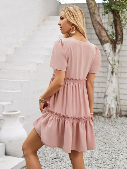 Summer Dresses- Summer Solid V-Neck Dress with Short Sleeves & Tiered Ruffle Detail- - Chuzko Women Clothing