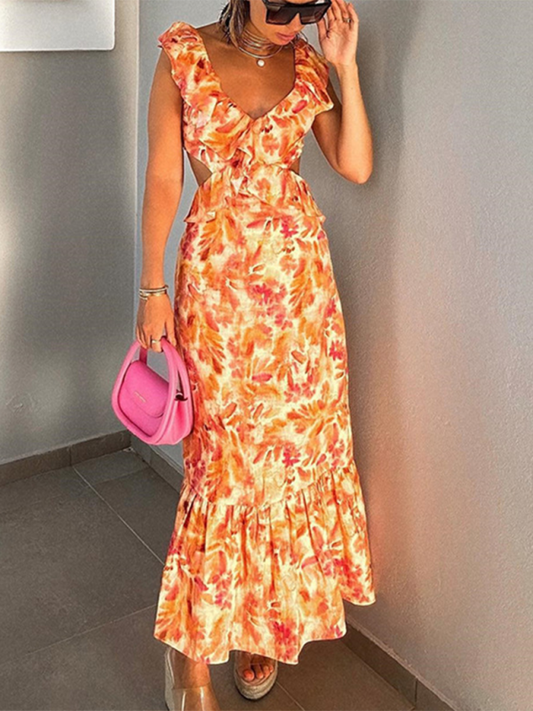 Summer Dresses- Floral Backless Midi Dress for Summer Weddings- Orange- Pekosa Women Fashion